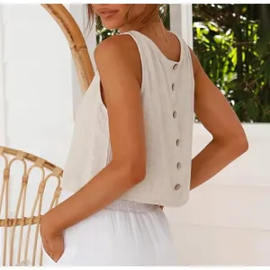 NWT Womens Linen Crop Tank Top Beige Sleeveless Button‎ Back Beach Summer Med thumbnail 2