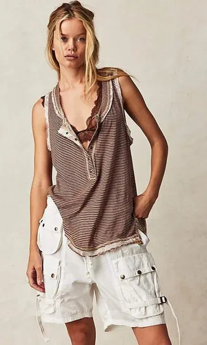 Free People Tank Top Striped Henley Medium Brown Linen Blend Boho Sleeveless thumbnail 1