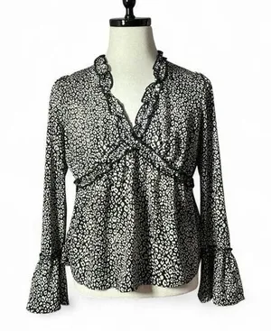 Loveriche Leopard Print Ruffle V-Neck Blouse Women Small Black White Bell Sleeve thumbnail 1