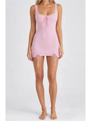 GUIZIO Dainty Lace Knit Mini Dress, Baby Pink, XS thumbnail 2