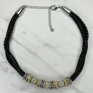 Chico's Rhinestone Silver and Gold Tone Black Braided Cord Necklace ✨ thumbnail 2