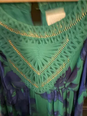 Green Maxi Dress with Blue Floral Print and Crochet Yoke thumbnail 2