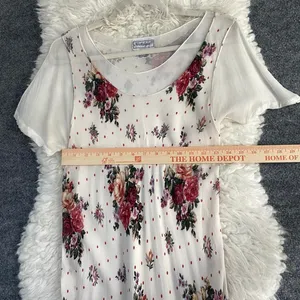 Nostalgia Cream Floral Maxi Dress Layered Short Sleeve Polka Dot 100% Rayon thumbnail 7