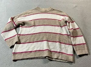 American Eagle Outfitters Tan White Pink Striped Waffle Knit Crewneck Sweater XS thumbnail 1