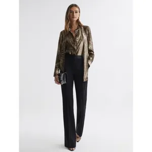 REISS Kendall Metallic Animal Print Tie Neck Blouse Gold Buttondown Size 8 thumbnail 4