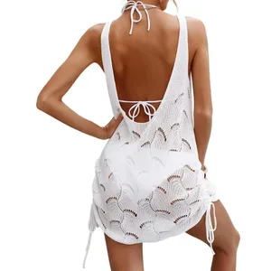 SheIn Summer Beach Hollow Out Drawstring Side Cover Up Dress in White, Size M​​​ thumbnail 2