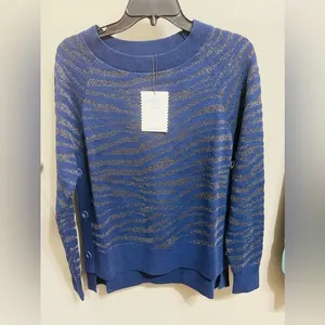 Stella & Dot NEW Women’s Side Button Sweater Navy Blue Zebra‎ Metallic Size M thumbnail 3