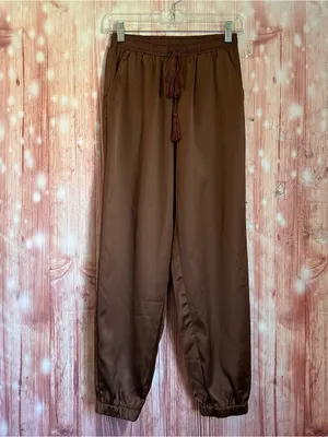 Allegra K Coffee Brown Drawstring Elastic Waist Tassel Satin Jogger Pants Sz XS thumbnail 2