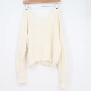 Jessica Simpson Womens XL Cream Cotton Distressed V-Neck Shaker Knit Sweater thumbnail 4