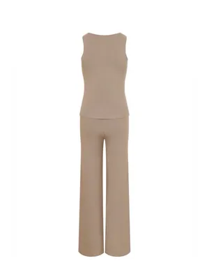 Knit 2 Piece Set Gold Button Vest Top Wide Leg Pants Chic Lounge Outfit M thumbnail 4
