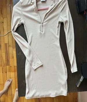 Ribbed 3/4 Zip Long-Sleeve Dress Cream thumbnail 1