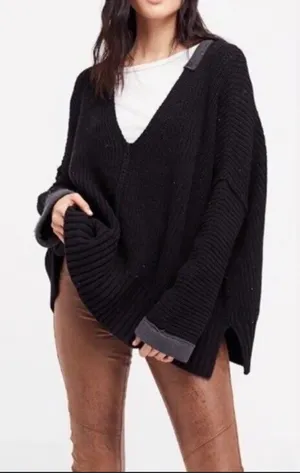 Free People Black Take Over Me Cozy Black Oversized V-Neck Sweater Size Small thumbnail 1