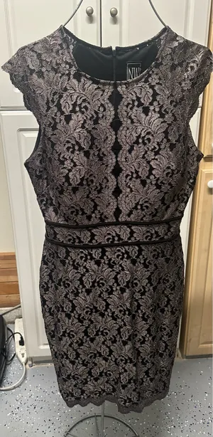 Elegant Black Lace Cap-Sleeve Sheath Dress - Taupe Lining size 12 thumbnail 3