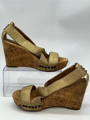 Lucky Brand Gold Metallic Canvas Upper Wedge Cork Heels Size 6.5 thumbnail 2