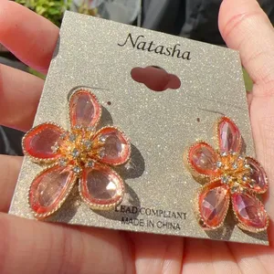 Natasha Gold tone Pink crystal flower earrings stud thumbnail 2