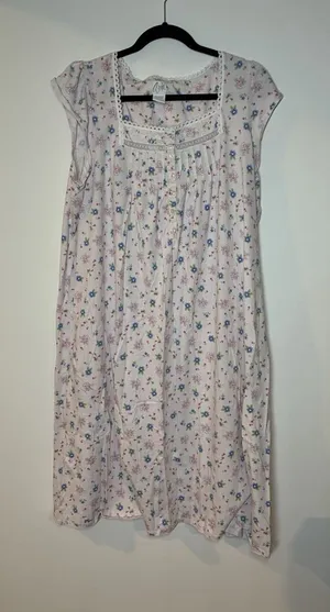 Aria cap-sleeve cotton nightgown pink & blue ditsy floral print lace trim 1X thumbnail 1