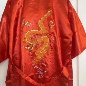 VTG Golden‎ Dragon Kimono Sz XL Red Silk Embroidered Oriental Chinese New Year thumbnail 5