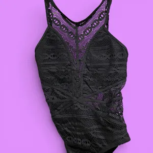 Sexy black lace overlay Becca tie back fairy whimsigoth swim suit beach pool thumbnail 4