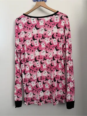 Birdie Bean‎ Large Ghost Print PJ Long Sleeve Henley Pink Black Bamboo Halloween thumbnail 3
