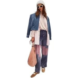RARE Free‎ People La Vie Patched Patchwork Studded Blue Pants / Jeans Boho 4 S thumbnail 2