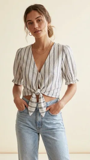 Abercrombie & Fitch Striped Linen-Blend Tie-Front Crop Top thumbnail 1