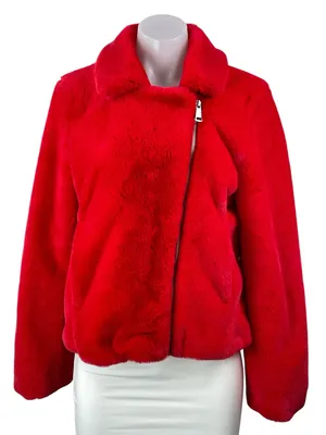 Bagatelle NYC Women's Red Faux Fur Fleece Asymmetric Zip Sweater Jacket Size M thumbnail 1