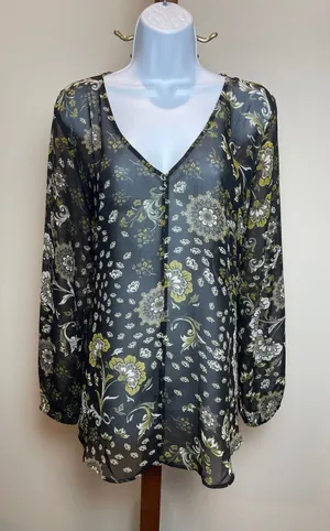 LOFT Outlet Blouse Size M Black Olive Paisley Floral Sheer V Neck Long Sleeve thumbnail 1