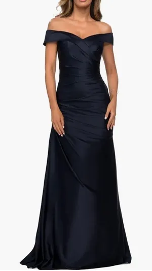 NWT La Femme Off Shoulder Column Mother of the Bride Ruched Navy Size 12 29541 thumbnail 1