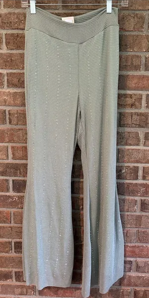 Vocal Sage Green Knit Boot‑Flare Pants with Subtle Shine thumbnail 1