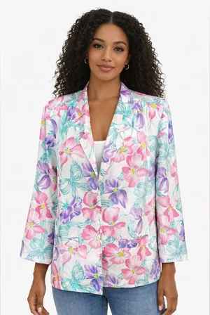 Vintage 80s 90s Floral Blazer Pastel Pink Purple Teal Lightweight Jacket Retro thumbnail 1