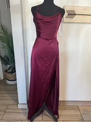 David's Bridal Burgundy Satin Cowl Neck Maxi Dress thumbnail 3