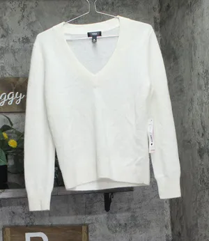 Aqua Womens 100% Cashmere V Neck Sweater V11599 Ivory Off White S thumbnail 1