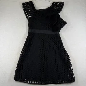 Gianni Bini Black Eyelet Lace Asymmetrical Ruffle Mini Dress Size 6 LBD Skater thumbnail 11