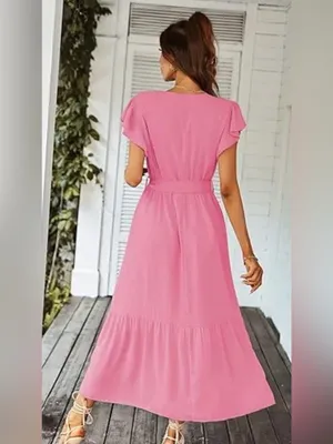 Prettygarden pink boho flowy Maxi wrap dress V Neck short Ruffle sleeve NWT SM thumbnail 3