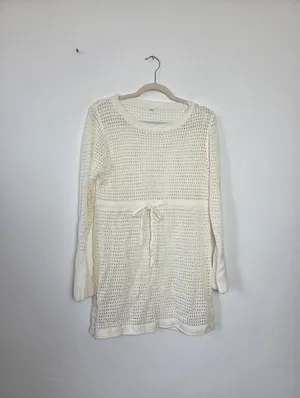 Ivory Cream Loose Knit Swim Cover Up Long Sleeve Sheer Cottagecore Beach Boho L thumbnail 5
