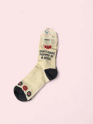 Blue Q Beige Crew Socks with Funny Mom Quote- Black Accents &Red Flower Graphics thumbnail 2