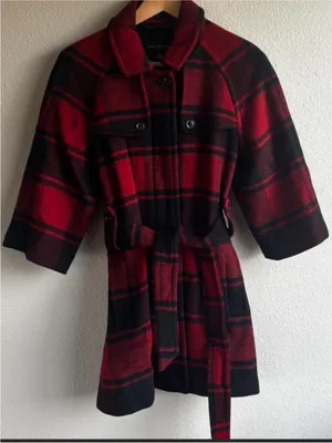 Red and Black Plaid Wool Belted Coat thumbnail 1