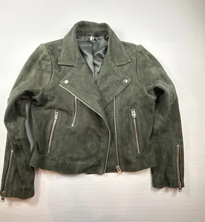 Topshop Suede Leather Moto Jacket Dark Green Women's Size 8 thumbnail 1