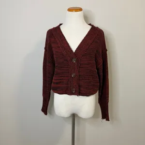 Urban Outfitters‎ Burgundy Cropped Cardigan Sweater Button Down Knit Top XS thumbnail 2