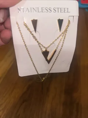 Stainless Steel Gold Layered Triangle Pendant Necklace & Earrings Women Jewelry thumbnail 2