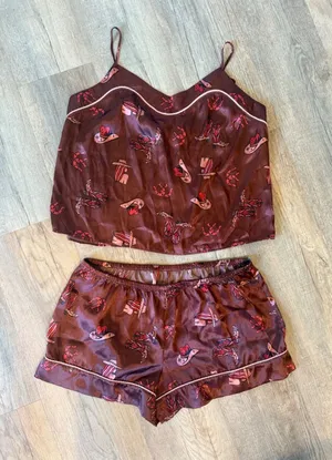 Western Cowboy Boot‎ Print Satin Pajama Set Brown Pink Two Piece Loungewear L thumbnail 1