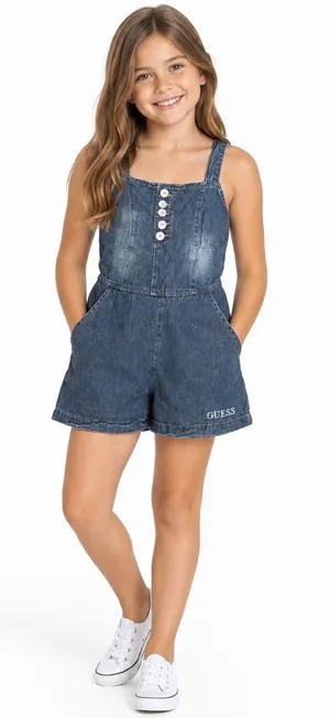 GUESS Girls' Denim Button-Front Romper - Dark Blue Size Large Jumpsuit thumbnail 1