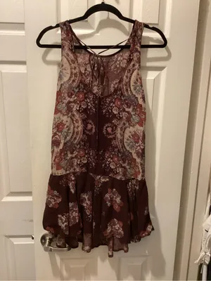 Free People Burgundy Paisley Floral Ruffled Hem Skater Dress thumbnail 3