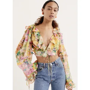 For Love and Lemon’s Nina Floral Lace Front Ruffle‎ Cropped Blouse - Multi XXS thumbnail 3