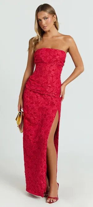 New Showpo Berri Maxi Dress Strapless Jacquard High Split Dress -Large MSRP $129 thumbnail 1