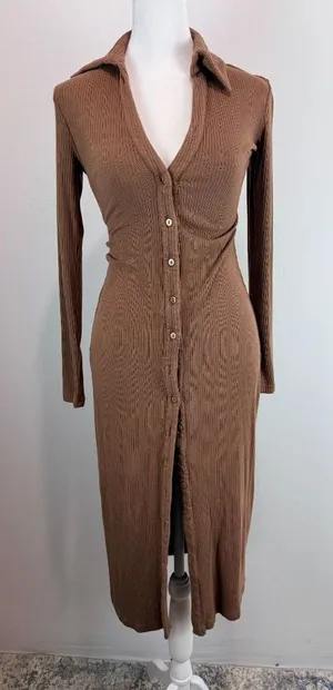 Lucca Brown Ribbed Long Sleeve Button-Down Midi Dress With Collared Neckline S thumbnail 1