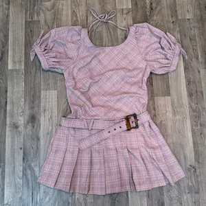 NWOT Free People Sevi Plaid Belted Puff Sleeve Drop Waist Mini Dress Size M thumbnail 3