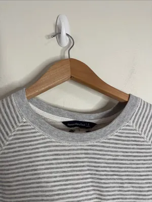 Abercrombie & Fitch Gray White Fine Striped Crewneck Sweatshirt Lace up back S thumbnail 3