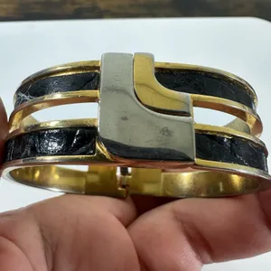 Loewe Gold Tone Black Leather Hinged Bangle Cuff Bracelet 7in Logo Designer thumbnail 14