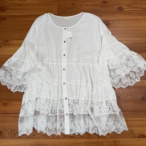 Oddi White Lace Tunic Blouse Boho Tiered Bell Sleeve Button Down Plus Size 1X thumbnail 4